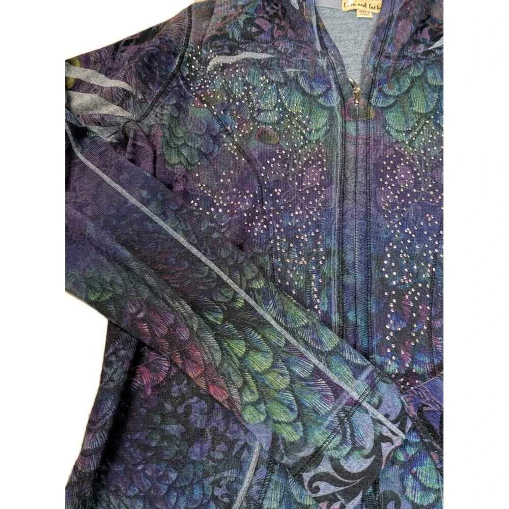 Live and Let Live Peacock Print Rhinestone Zip Up Hoodie Jacket Boho Large - Picture 10 of 14